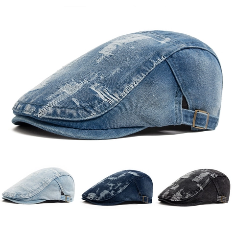 Gewassen Katoen Denim Flat Cap Retro Gescheurde Distressed Ivy Hoed Voor Mannen Vrouwen Verstelbare Vintage Streetwear