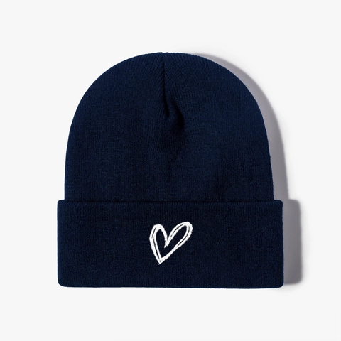 Unisex Heart Embroidered Knit Beanie Hat Warm Winter Cuffed Solid Color Acrylic Soft Elastic Skull Cap For Men Women Headwear