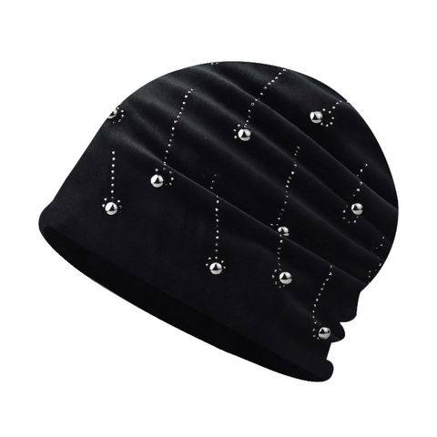 Women Chenille Beanie Hat Slouchy Pleated With Silver Metal Beads Thermal Windproof Winter Warm Velvet Soft Texture