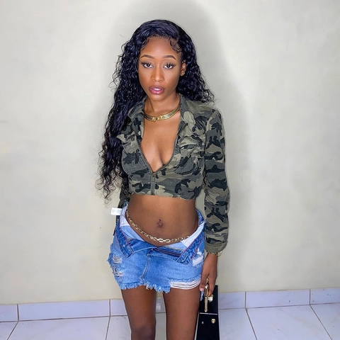 Veste Courte Camouflage Femme Manches Longues Fermeture Éclair Col Montant Poches Style Militaire Streetwear Polyester