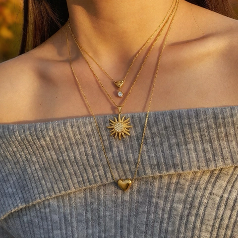 Stainless Steel Heart Sun Pendant Necklace For Women Zircon Inlaid Gold Plated Non-Fading Elegant Fashion Jewelry
