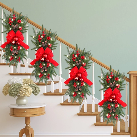 Guirnalda Para Escalera De Navidad Pino Artificial Con Lazo Rojo Piñas Bayas Luces LED Decoración Festiva