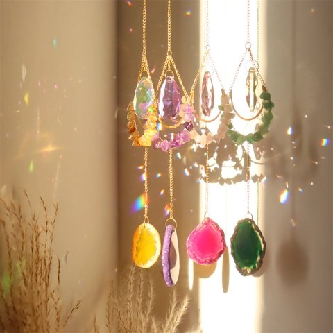 Natural Agate Suncatcher Crystal Prism Moon Hanging Ornament Window Car Decor Boho Rainbow Maker