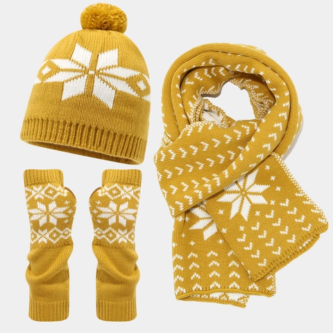 Winter Knit Beanie Hat Scarf And Fingerless Gloves Snowflake Pattern Jacquard Warm Outdoor Christmas For Women Men
