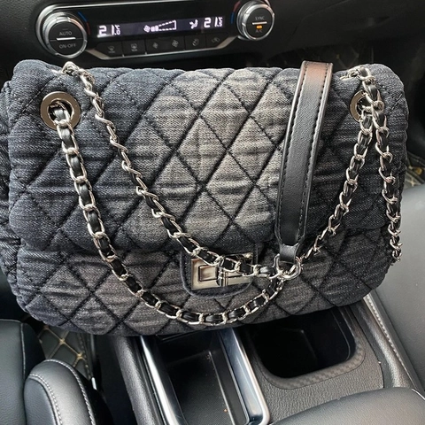 Borsa Tracolla Trapuntata In Denim Donne Motivo Rombi Catena Metallo Spalla Borsa Hobo Retro Lavabile Tessuto Blu Scuro Patta