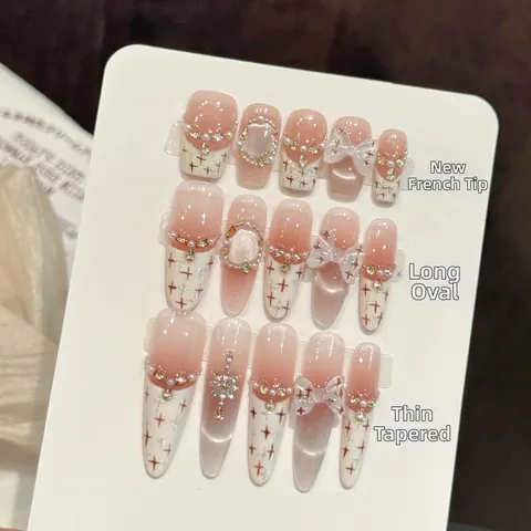 Handgefertigte Französische Katzenauge Aufklebbare Nägel Mit Schleife Strass Künstliche Perle Dekor Cremeweiß Nude Rosa Luxus Elegante Falsche Nägel