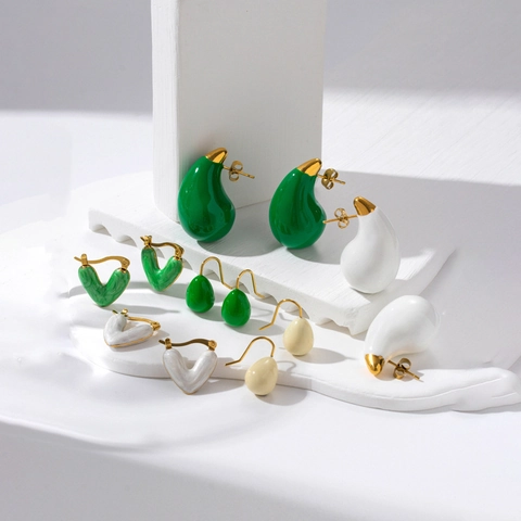 Orecchini Vintage Cuore Goccia In Acciaio Inossidabile Placcato Oro 18K Con Smalto Verde Bianco Gioielli Geometrici