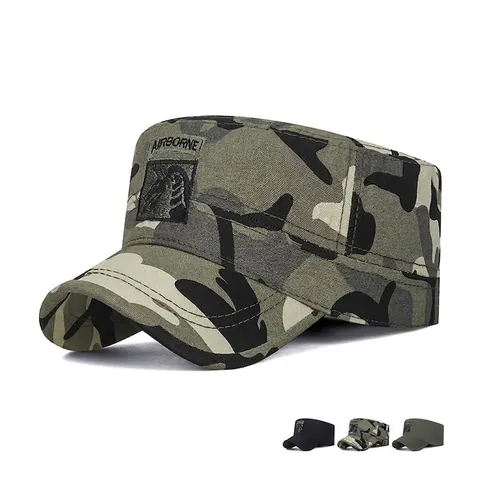 Men Military Cadet Cap Flat Top Hat Cotton Twill Camouflage Airborne Embroidery Adjustable Outdoor Sun Protection Vintage