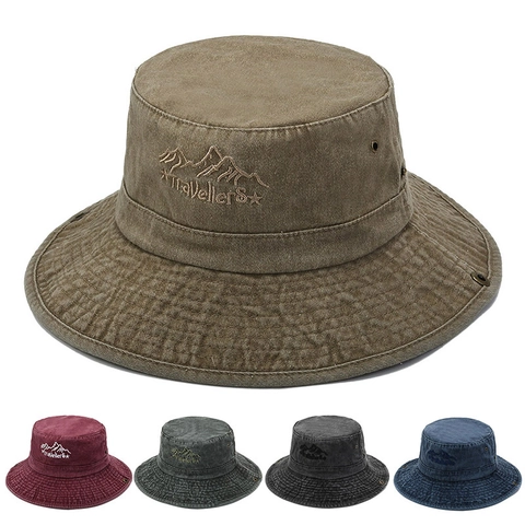 Cappello Da Pescatore In Cotone Lavato Tesa Larga Protezione Solare Vintage Distressed Outdoor Viaggi Pesca Donna Uomo