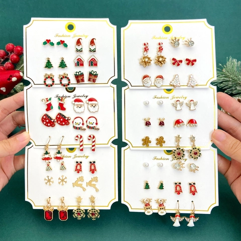Christmas Stud Earrings Alloy Oil Drop Santa Snowman Reindeer Snowflake Novelty Holiday Festive Jewelry Women