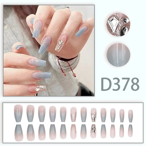 Uñas Postizas A Presión Coffin Largas Elegante Degradado Azul Rosa Detalles De Estrás De Lujo Brillo Plateado Para Mujeres