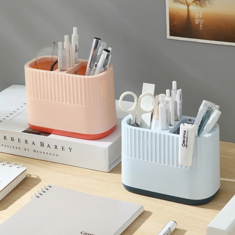 Multifunctional Desktop Pen Holder Office Stationery Organizer Plastic Divided Storage Box Vertical Stripe Textured