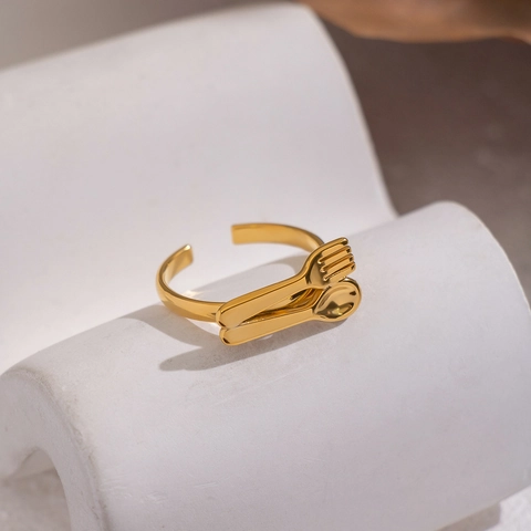 Creative Spoon And Fork Open Ring Stainless Steel Gold Plated Adjustable Tableware Jewelry For Women Novelty Unique