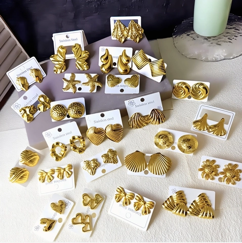 18K Gold Plated Stainless Steel Stud Earrings For Women 925 Sterling Silver Post Geometric Heart Shell Floral Punk Jewelry