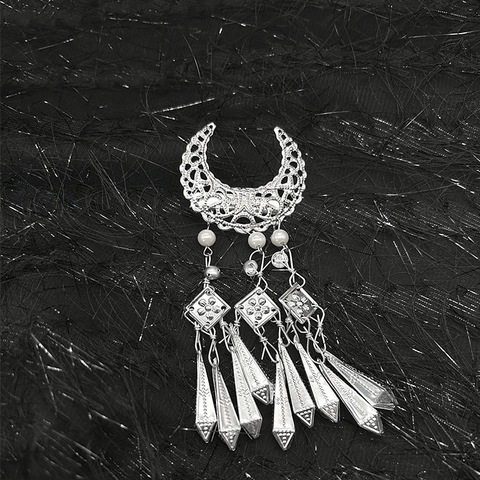 Ethnic Hollow Moon Hair Clip With Alloy Tassels And Faux Artificial Pearls Vintage Silver Color Hairpin For Women