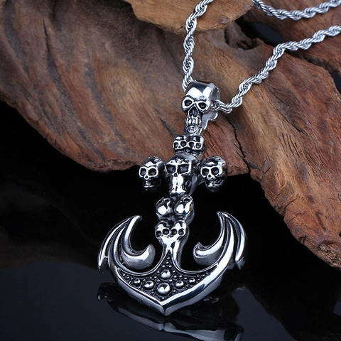 Pendentif Ancre Avec Têtes De Mort En Acier Inoxydable 316L Bijoux Gothiques Punk Hip Hop Pour Hommes Design Fantôme