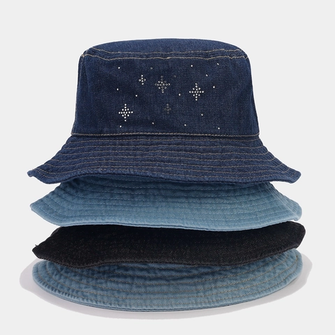 Chapeau Bob En Denim Avec Étoiles En Strass Coton Protection Solaire Bord Large Décontracté Extérieur