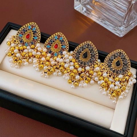 Vintage Ethnic Σκουλαρίκια Σταγόνα Νερού Κράμα Σμάλτο Rhinestone Με Φούντες Πέρλες Bohemian Court Style Για Γυναίκες