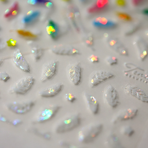 Nail Stickers 3D Relief Laser Holographic Feather Star Patterns Self Adhesive Manicure Art Decoration DIY