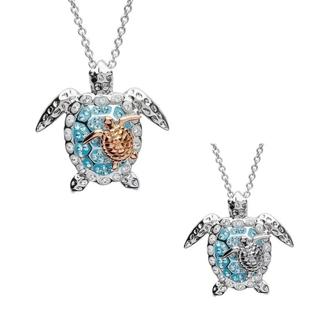Collana Pendente Tartaruga Marina Madre E Figlio Smalto Blu Con Strass Lega Gioielli Da Spiaggia Per Donne
