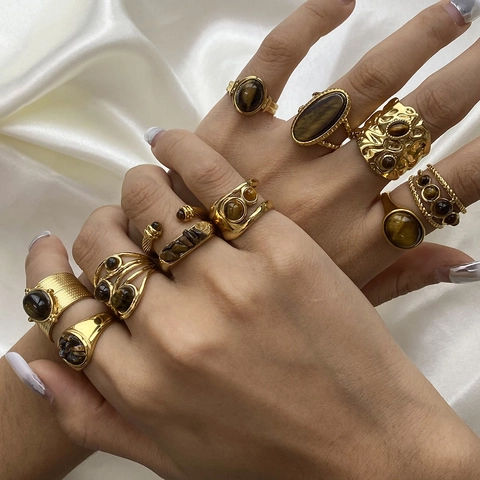 Vintage Tiger's Eye Jewelry Stainless Steel Waterproof Hypoallergenic Bohemian For Women Retro Gold Plated Rings Necklaces