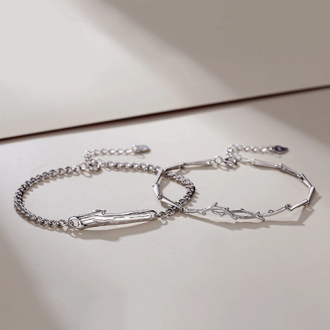 925 Sterling Silver Couple Bracelets Branch Design Rhinestone Inlaid Adjustable Bangle Minimalist Jewelry Valentine's Gift