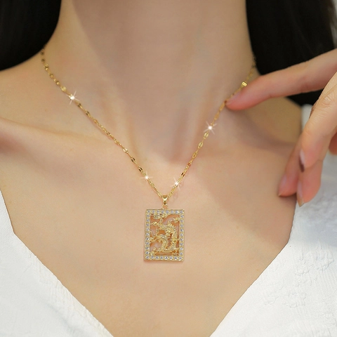 Dragon Pendant Necklace Titanium Steel Chain Copper Micro Inlaid Zirconia Rectangular Hollow Chinese Dragon Motif For Women