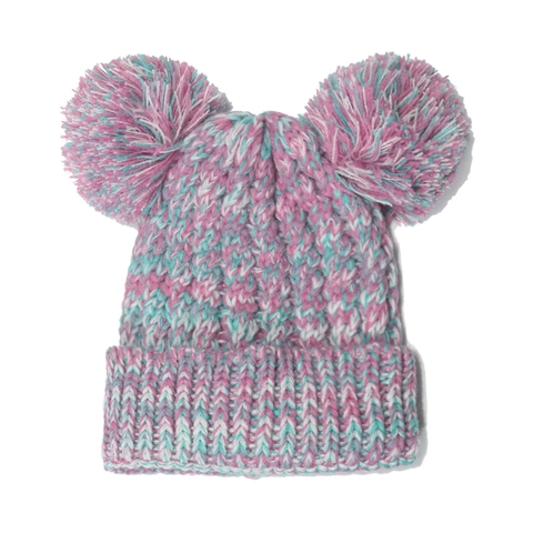 Kids Knitted Beanie Hat Dual Pom Poms Acrylic Winter Warm Cable Knit Colorful Ribbed Cuff For Boys Girls