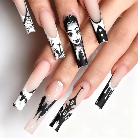 Faux Ongles Halloween Style Gothique Noir Blanc Longue Forme Cercueil Dessin Animé Chauve-Souris Araignée Pour Femmes