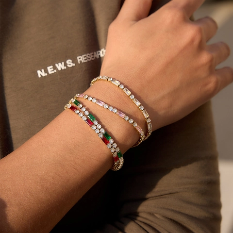 Luxus Edelstahl Zirkonia Tennis Armband Für Damen 18K Vergoldet Baguetteschliff Strass Eingelegte Kette Schmuck Geschenk