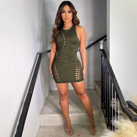 Women Two Piece Outfits Sleeveless Hollow Out Lace Up Bodycon Mini Top And Skirt Sexy Solid Polyester Spandex Summer Club