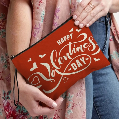 Borsa Per Trucco In Tela Di Lino Per San Valentino Con Stampa Di Lettere Pochette Per Cosmetici Portatile Con Cinturino