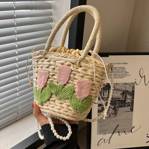 Stroh Gewebte Beuteltasche Mit Häkel Tulpen Blumendekor Künstliche Perlenkette Kordelzug Sommer Strand Handtasche Damen