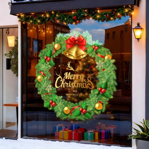 Christmas Wreath Window Sticker Static Cling PVC Reusable Glass Decal Festive Holiday Home Shop Decoration
