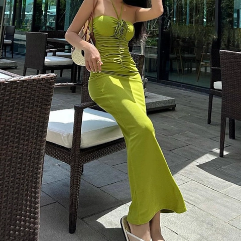 Abito Maxi Halter Arricciato Aderente Schiena Scoperta Fiore 3D Poliestere Elastan Sexy Estate Festa Per Donne