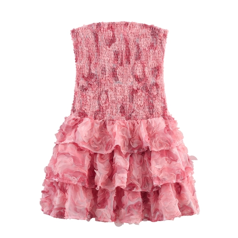 Gesmokte Roze Strapless Bandeau Mini Jurk Met 3D Bloem Gelaagde Ruches Polyester Zoete Stijl Voor Dames