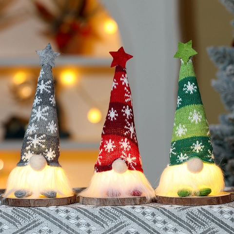 Weihnachts Gnome Leuchtende Gesichtslose Puppe Gestrickte Mütze Kunstfell Bart Holzsockel Tischdekoration