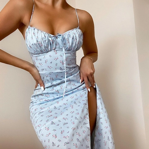 Sexy Damen Midi Kleid Mit Blumenmuster Polyester Spaghettiträger Seitenschlitz Geraffte Brust Kordelzug Sommer Strand Party