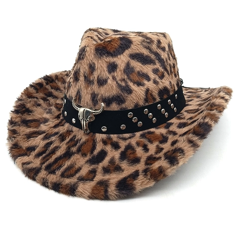 Cappello Da Cowboy Stampa Leopardata Ecopelliccia Tesa Larga Caldo Inverno Con Teschio Di Toro E Borchie