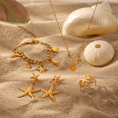 Joyas De Océano Estrella De Mar Concha Collar Pendientes Anillo Pulsera Acero Inoxidable Chapado En Oro Para Mujeres