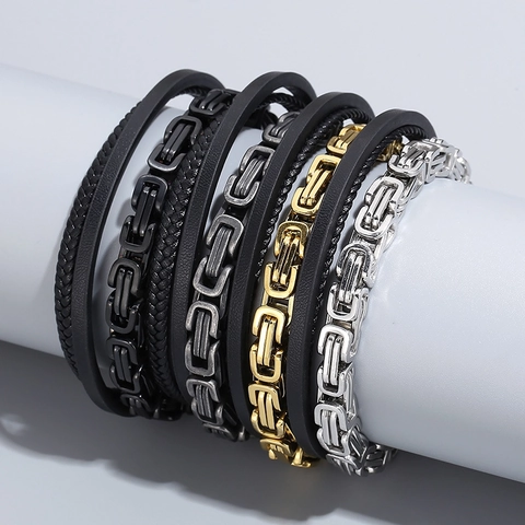 Pulsera Hombre Cadena Bizantina Cuero Trenzado Multicapa Acero Inoxidable Retro Cierre Magnético Joyería