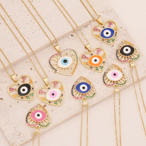 Heart Evil Eye Necklace Copper Colorful Zircon CZ Pendant Clavicle Chain Gold Plated INS Style Elegant For Women