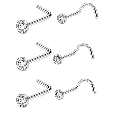 G23 Titanium Alloy Nose Studs With 5A Cubic Zirconia L-Shape Screw Straight Bone Piercing Jewelry For Men And Women