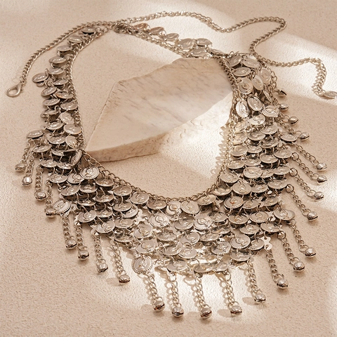 Cinturón De Cadena Multicapa Bohemio Borla De Moneda Estilo Étnico Vintage Joyería Corporal De Metal Para Mujeres Plata