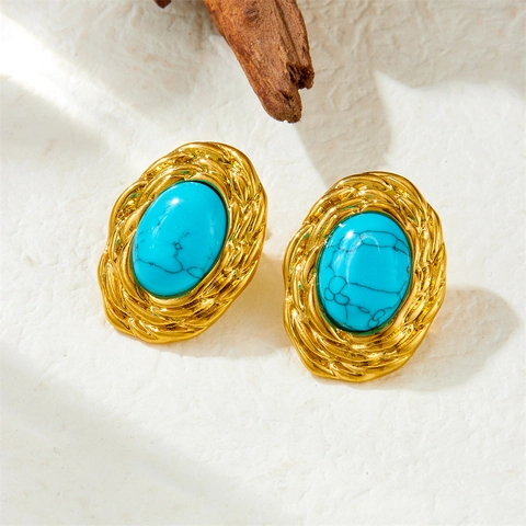 Oval Stud Earrings Gold Plated Stainless Steel Inlaid Turquoise Retro Textured Vintage Bohemian Jewelry For Women