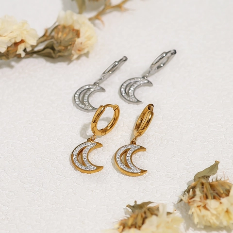 Boucles d'Oreilles Clous Lune en Acier Inoxydable avec Strass pour Femme Plaquée Or Argent Bijoux Élégants