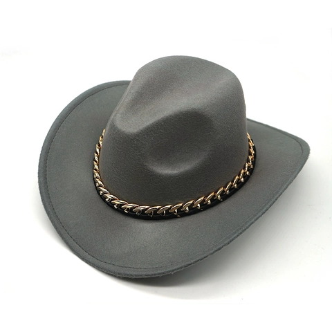 Western Cowboy Hat Wool Felt Fedora With Gold Metal Chain Band Curved Brim Vintage Jazz Style For Men Women