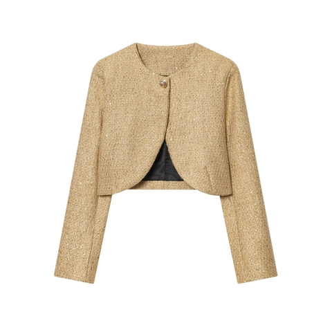 Women Elegant Gold Sequin Tweed Jacket Cropped Long Sleeve Outerwear With Decorative Button For Party Office Formal