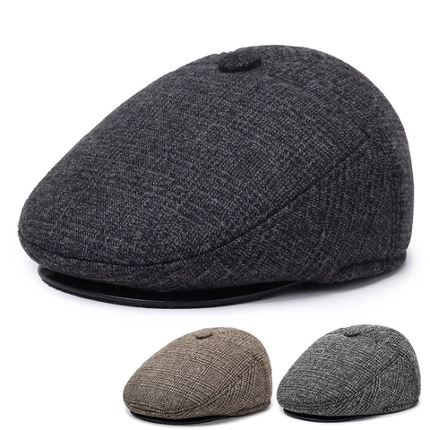 Men Newsboy Cap Vintage Woolen Ivy Flat Hat With Warm Ear Flaps Winter Windproof Thickened Casual British Style