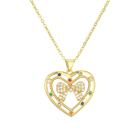Heart Pendant Necklace Copper Colorful Zircon Evil Eye Bowknot Micro Pave Gold Plated Jewelry For Women